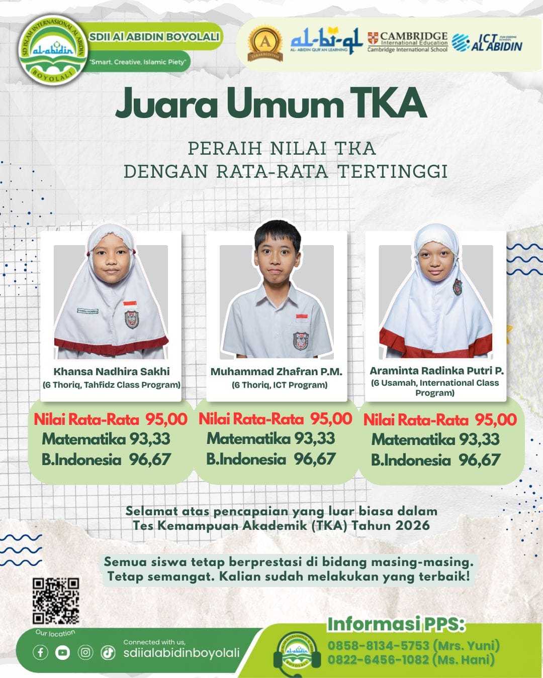 Bangga! SDII Al Abidin Boyolali raih juara 1 TKA tingkat Mojosongo Boyolali